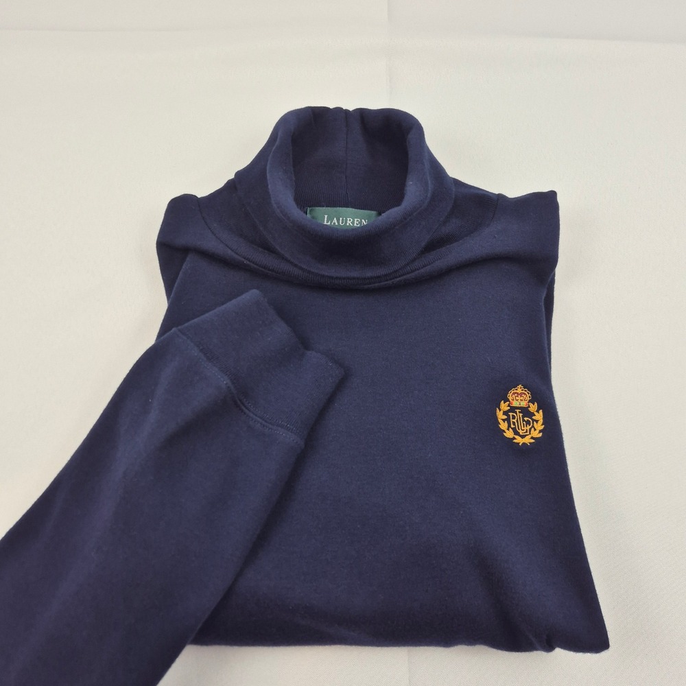 Lauren Ralph Lauren Navy Mock Neck Long Sleeve Shirt L Embroidered Crest Vtg Y2K - Picture 2 of 9
